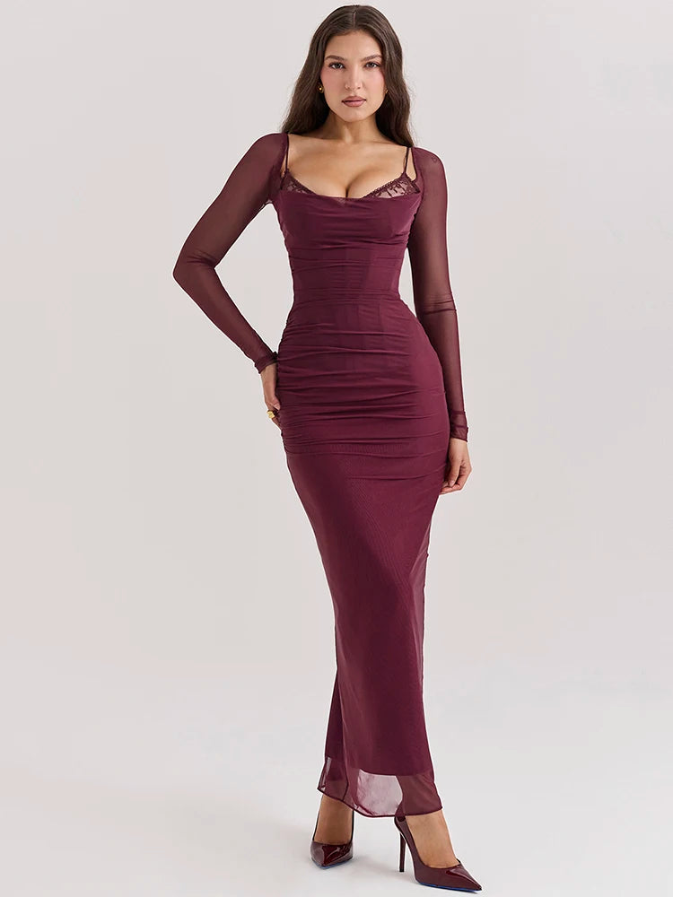 Elegante vestido maxi sexy de manga larga transparente para mujer, vestido largo sexy de malla sin tirantes y espalda descubierta para fiesta en club.