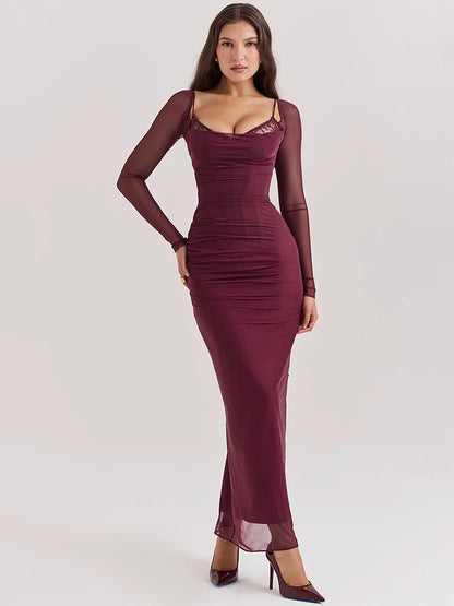 Elegante vestido maxi sexy de manga larga transparente para mujer, vestido largo sexy de malla sin tirantes y espalda descubierta para fiesta en club.