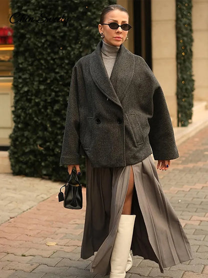 Retro Loose Woolen Blend Coat Women Lapel Double-Breasted Long Sleeve Pocket Thick Gray Jacket 2025 Autumn Spring Streetwear