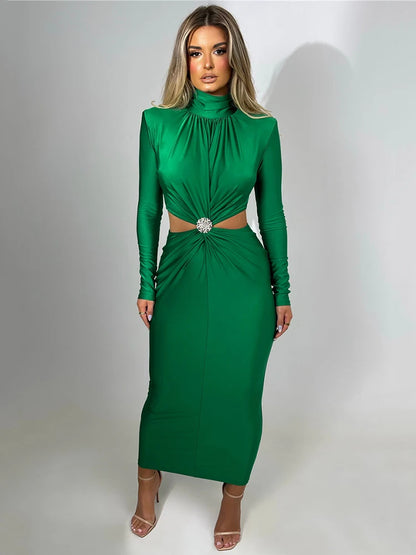 Elegante vestido largo sexy con aberturas para mujer, otoño e invierno, nuevo vestido ajustado de cuello alto y manga larga para fiesta y noche.