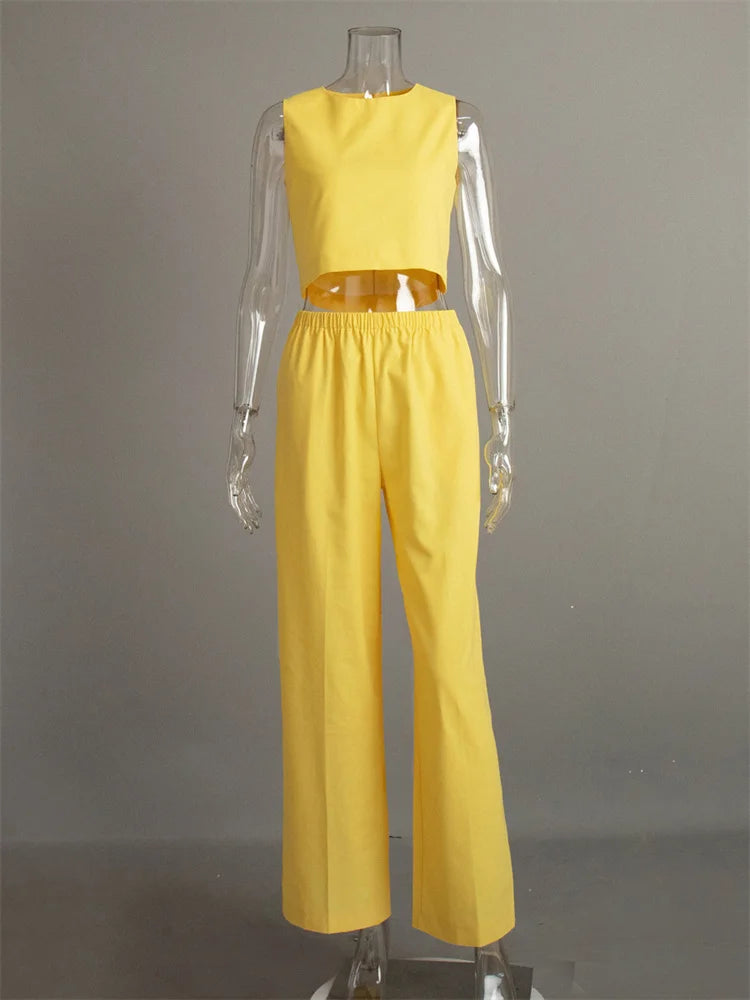 Summer Fashion 2 Piece-Set Women’s Pants Sleeveless Cropped Vest Top And Wide Leg Trousers Sets Female Outfits Trousers