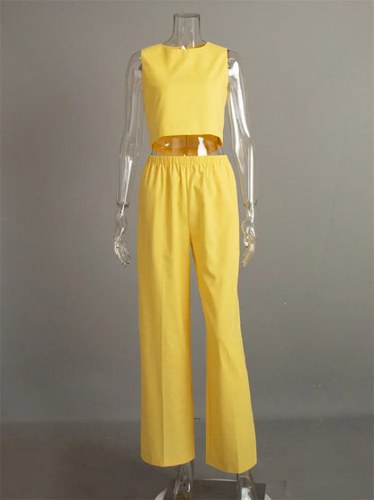 Summer Fashion 2 Piece-Set Women’s Pants Sleeveless Cropped Vest Top And Wide Leg Trousers Sets Female Outfits Trousers