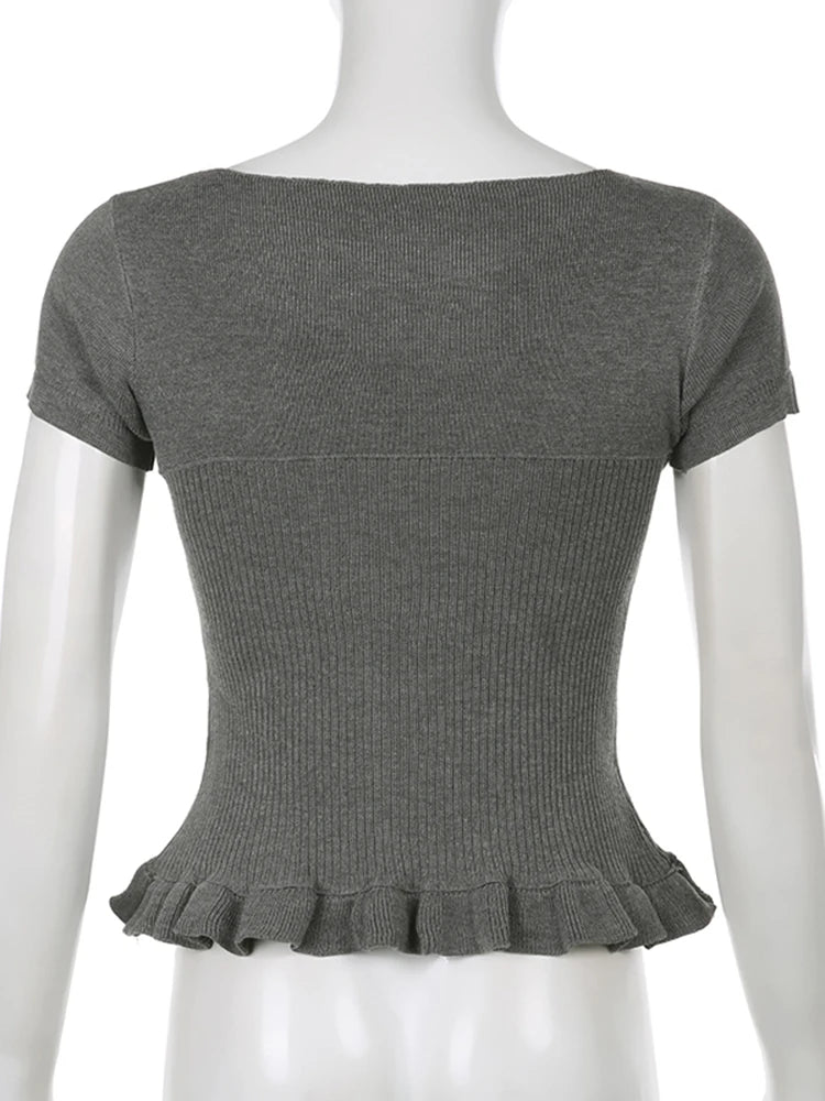 Camiseta elegante para mujer, con retazos de encaje, cuello cuadrado, de punto, dobladillo con volantes, Y2K, color gris