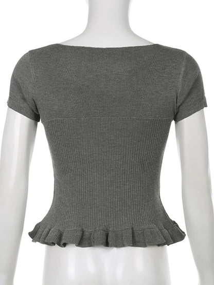 Camiseta elegante para mujer, con retazos de encaje, cuello cuadrado, de punto, dobladillo con volantes, Y2K, color gris