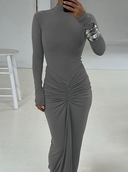 Pleated Fashion Patchwork Long Dress Women’s High Waist Long Sleeve Solid Slim Party Dress Summer  Female Maxi Dress