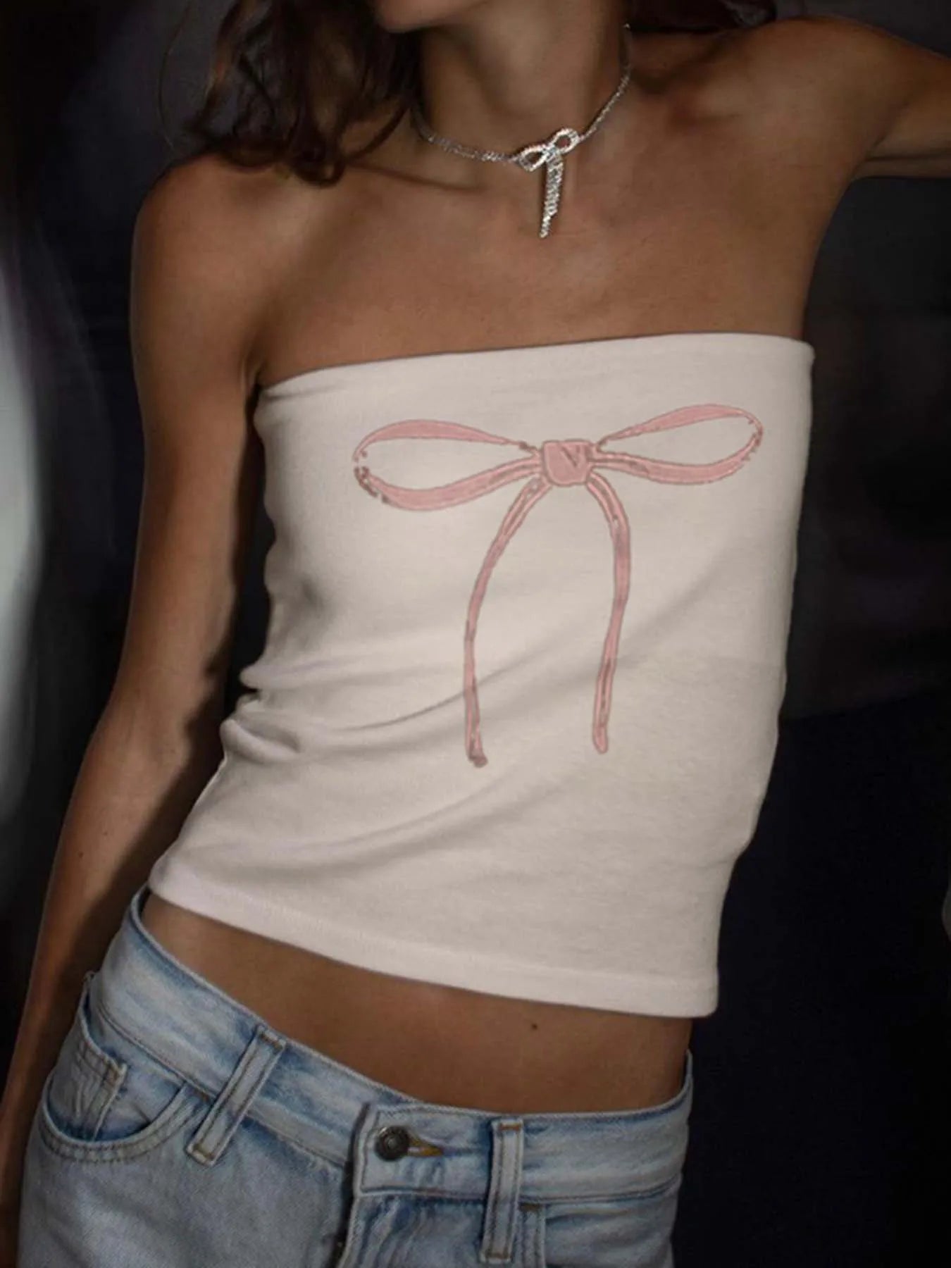 Top tubo sin tirantes con estampado de lazo Y2K para mujer, top corto kawaii de los años 2000, ropa de calle de verano