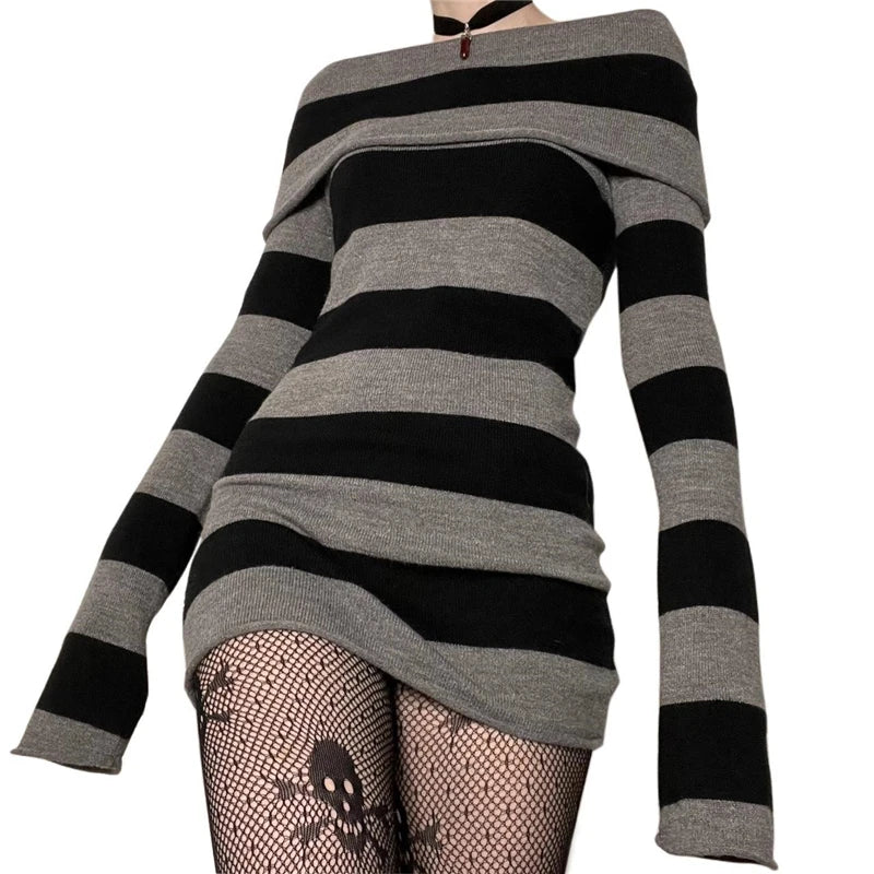Vestidos góticos punk gótico brujería oscuro academia mujeres vestido de punto con hombros descubiertos y2k hadas grunge vestidos ropa de Halloween