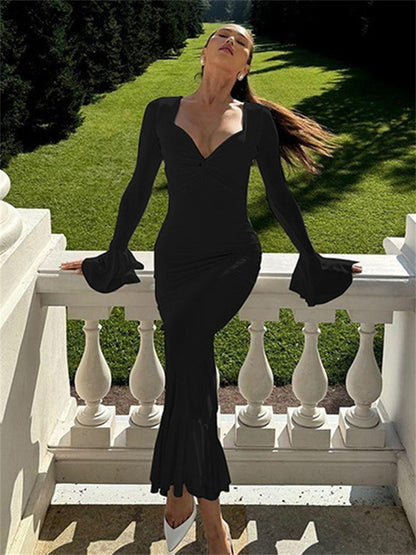 Vestido largo de otoño con volantes para mujer, elegante vestido de fiesta de retazos con cintura alta y manga larga para desplazamientos diarios, ropa femenina