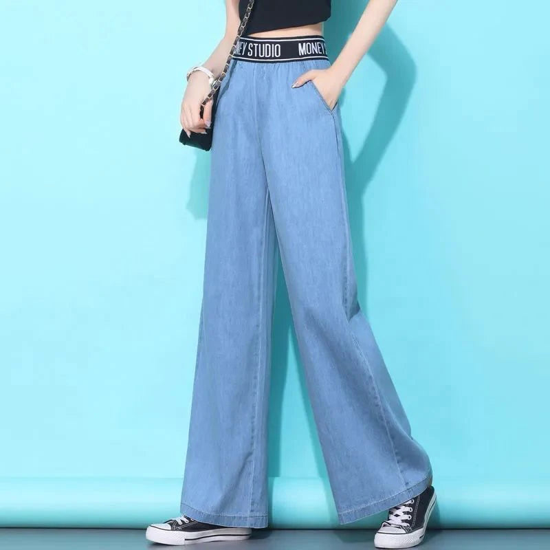 Lyocell Jeans Wide Leg Long Pants Women Straight Loose High Waist Sport Casual Pants Female Office Trousers Lady Work Wear Thin