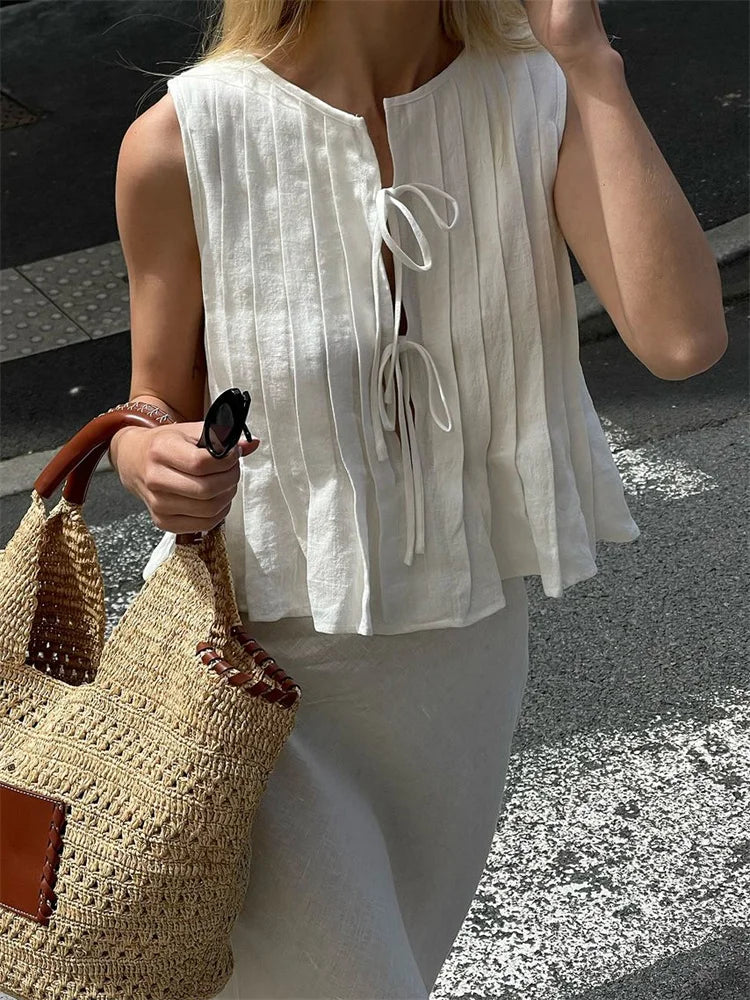 Camiseta sin mangas blanca con banda acanalada para mujer, chaleco ajustado sin mangas con agujeros, moda de verano, chaleco con cordones para mujer, top Y2k