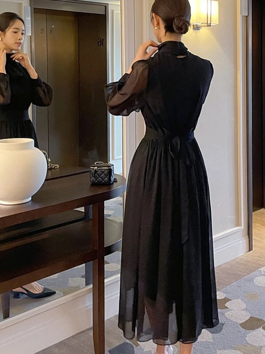 Elegantes vestidos midi para mujer, mangas largas, cuello medio alto, con cordones, corte en A, moda coreana, otoño, nuevo, vestido de una pieza para mujer