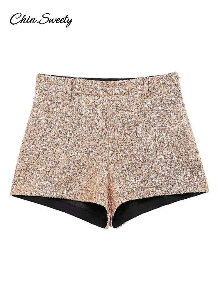 Y2K Sequin High Waist Shorts Women Fashion Lady Solid Shiny All-matching Short Pant 2025 Spring Summer Female Glitter Streetwear