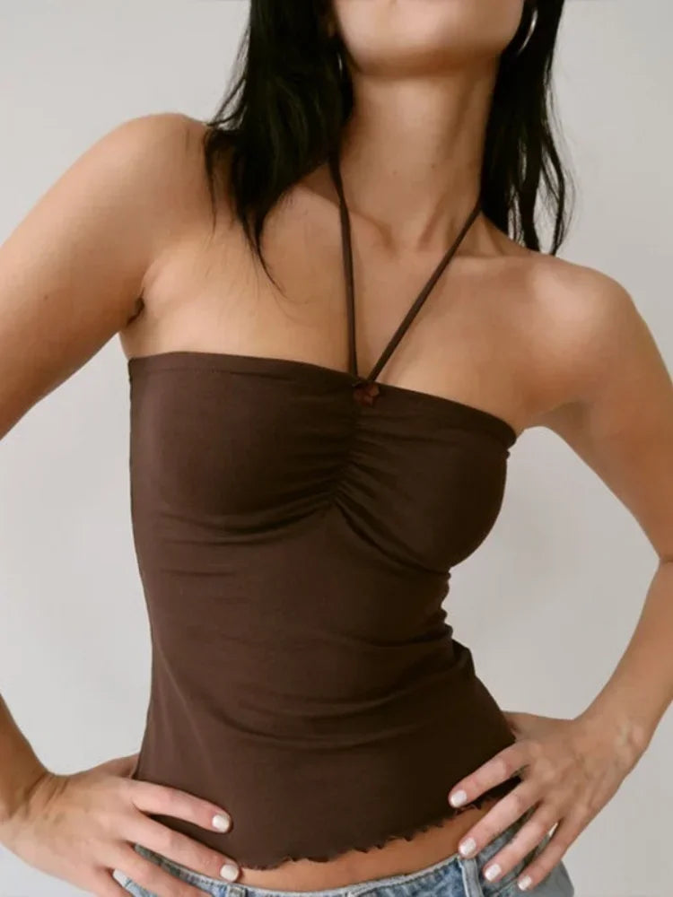 Top de una pieza informal corto con dobladillo enrollado para mujer, moda de verano, top bandeau de color liso, top sexy con cuello de encaje y sin mangas.
