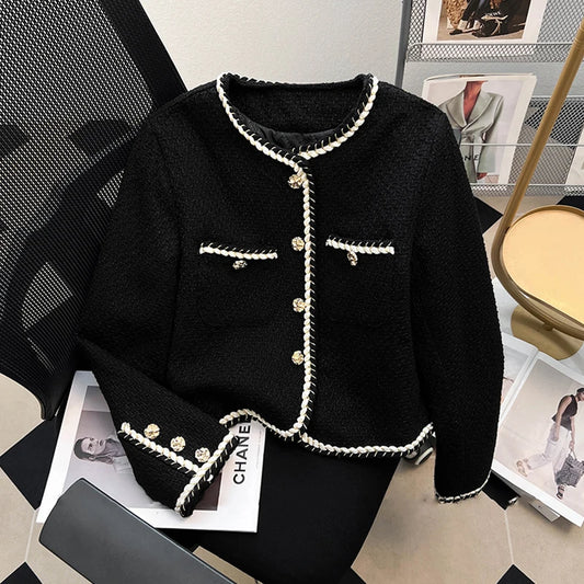 Chaqueta de tweed negra vintage para mujer, abrigo acolchado corto, elegante blazer de viaje para invierno, abrigo corto grueso coreano para mujer