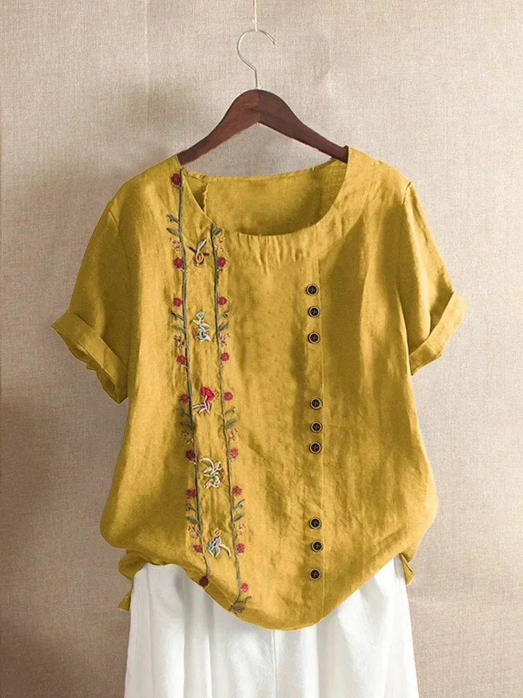 Camisa de lino y algodón con bordado de flores para mujer, blusa informal de verano con cuello redondo y manga corta, color blanco, elegante, estilo urbano