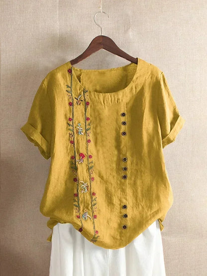 Camisa de lino y algodón con bordado de flores para mujer, blusa informal de verano con cuello redondo y manga corta, color blanco, elegante, estilo urbano