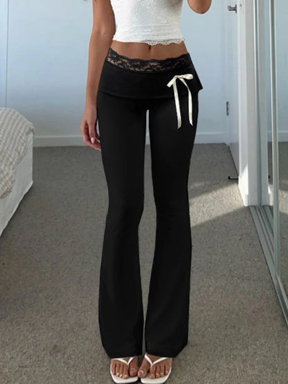 Pantalones acampanados de cintura alta con ribete de encaje sólido Hotsweet Y2k para mujer, pantalones básicos de moda casuales de moda