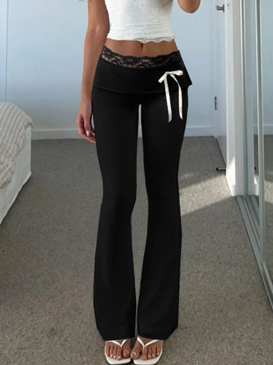 Pantalones acampanados de cintura alta con ribete de encaje sólido Hotsweet Y2k para mujer, pantalones básicos de moda casuales de moda