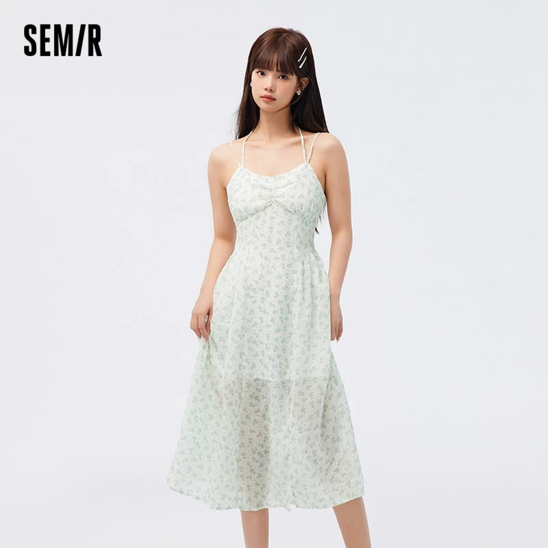 Vestido de mujer de gasa con tirantes altos y abertura, vestido de verano nuevo Sen Slim Fit con flores fragmentadas, suave