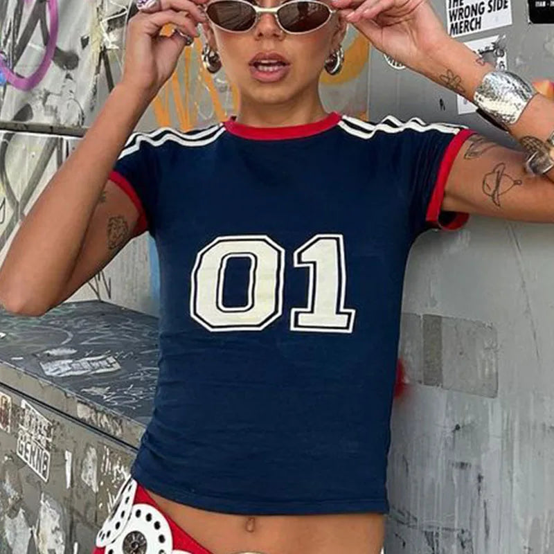 Camiseta minimalista con estampado digital informal de cuello redondo y manga corta para mujer, estilo europeo y americano, novedad Y2K para las cuatro estaciones