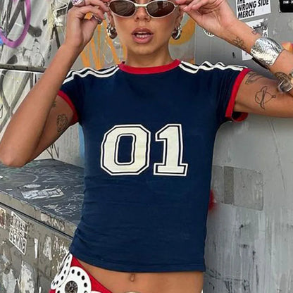 Camiseta minimalista con estampado digital informal de cuello redondo y manga corta para mujer, estilo europeo y americano, novedad Y2K para las cuatro estaciones