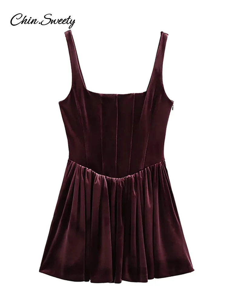 Vestido mini de terciopelo con tirantes para mujer, cuello cuadrado, sin mangas, espalda descubierta, corte en A, con cremallera, elegante, para fiesta
