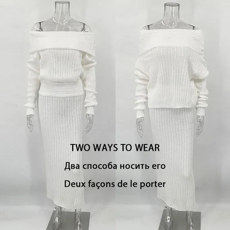 Conjunto de 2 piezas de falda de punto para mujer, suéter de manga larga con un solo hombro, elegante, ajustado, falda larga, traje de otoño, nuevo