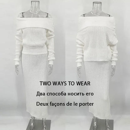 Conjunto de 2 piezas de falda de punto para mujer, suéter de manga larga con un solo hombro, elegante, ajustado, falda larga, traje de otoño, nuevo