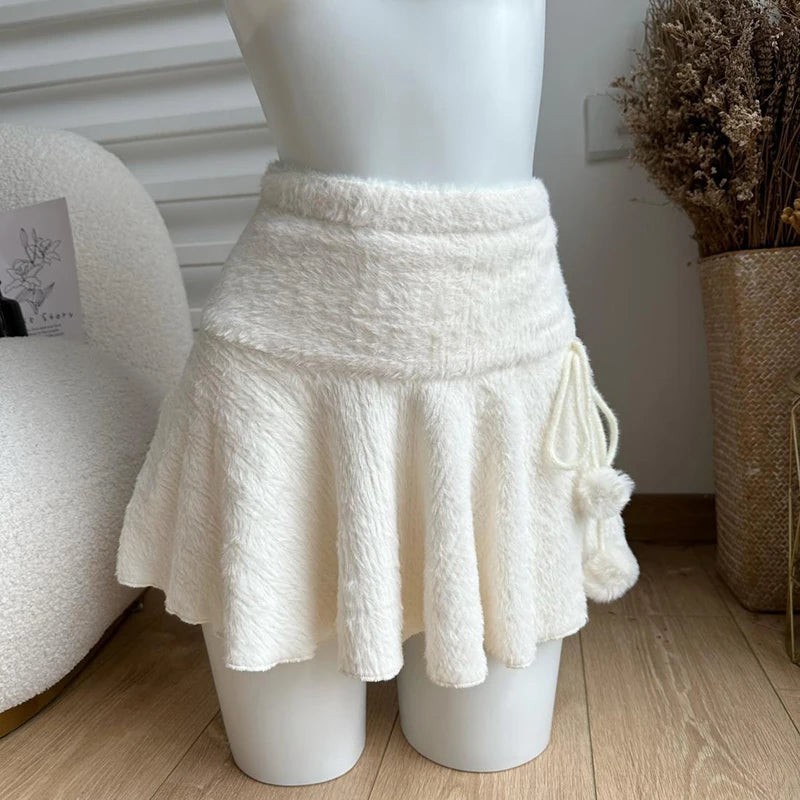 Kawaii White Mini Skirts Women Preppy Cute High Waist Skirt Winter Japanese Streetwear Lace Up Chic Slim A Line Faldas New