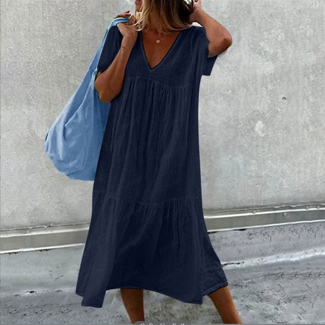 Vestidos midi de lino y algodón de color liso para mujer, moda informal, cuello en V, mangas cortas, sueltos, estilo sencillo, para ir al trabajo.
