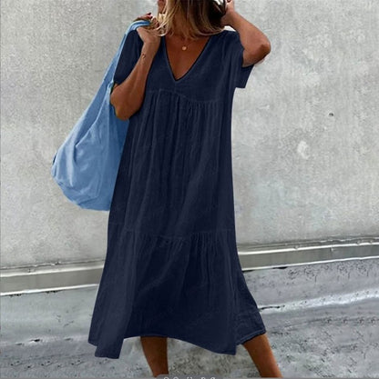 Vestidos midi de lino y algodón de color liso para mujer, moda informal, cuello en V, mangas cortas, sueltos, estilo sencillo, para ir al trabajo.