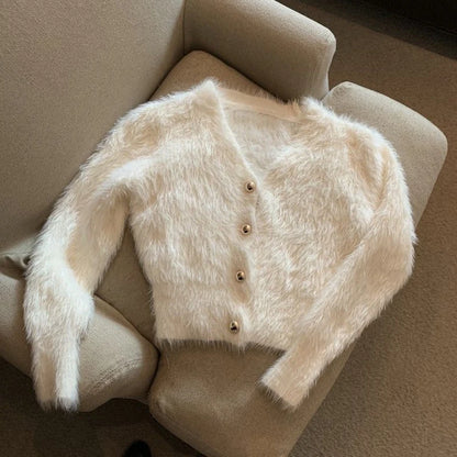Cárdigan de punto de mohair recortado vintage para mujer, suéter con cuello en V, abrigo, ropa de calle coreana, prendas de punto en blanco y negro, jerséis ajustados sólidos, nuevo