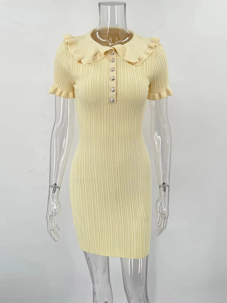 High Waist Ruffled Mini Dresses For Women Summer Short Sleeve Knitted Slim Fit Dress Women’s Vintage Dress Woman Elegant
