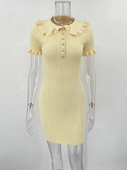 High Waist Ruffled Mini Dresses For Women Summer Short Sleeve Knitted Slim Fit Dress Women’s Vintage Dress Woman Elegant
