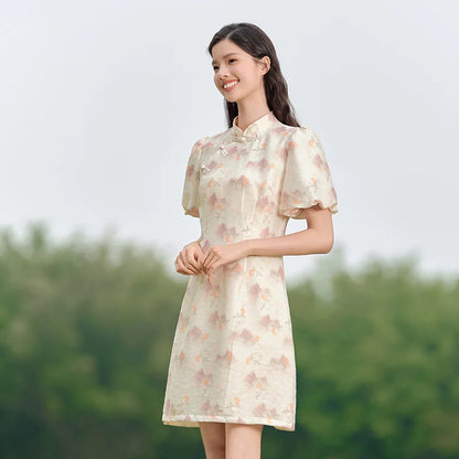 Dress Women Ink Painting Print Dress Bubble Sleeves Buttoned  Summer New Cheongsam Dress