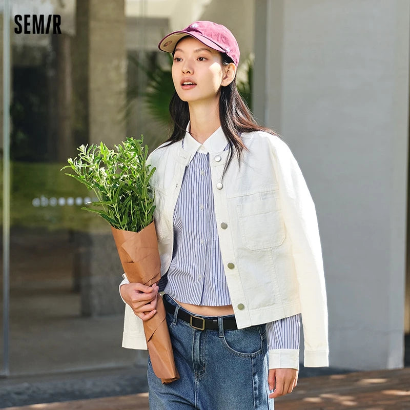 Denim Jacket Women Short Style Small And Taller Spring New Retro Round Neck Jacket Casual And Versatile Coats