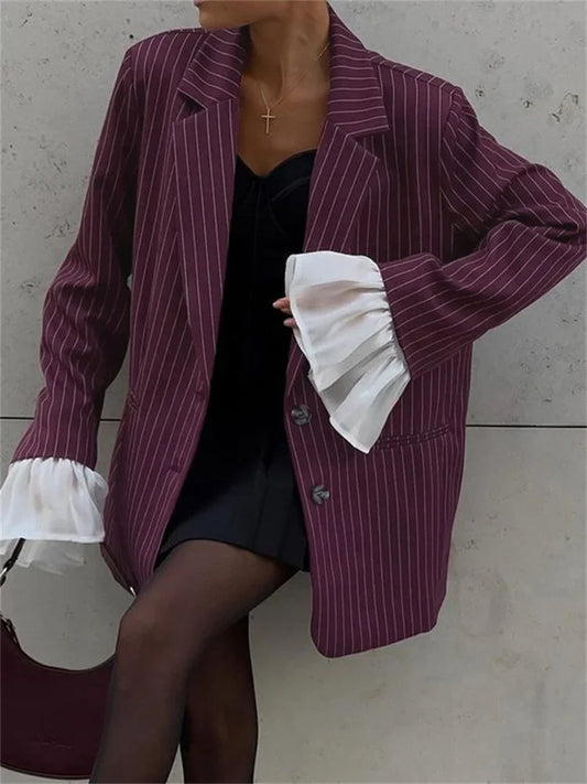 Traje de rayas de encaje para mujer, chaqueta holgada de manga larga con solapa y bolsillos, con volantes