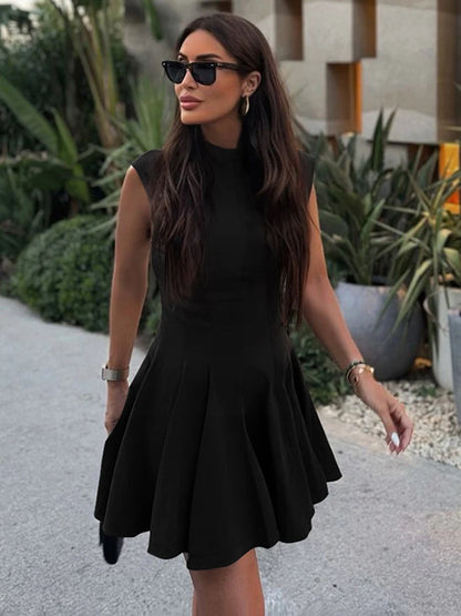 Sleeveless Folds Mini Dress Women’s Solid Color High Waist Outfits Half Turtleneck Elegant Club Casual Party Dress A-Line