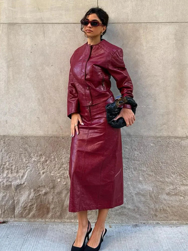 PU Leather Jackets Long Skirts Women’s Set Vintage Solid O-Neck Jackets A-Lined Slim Fit Skirt Sets Female Chic Street Outfits