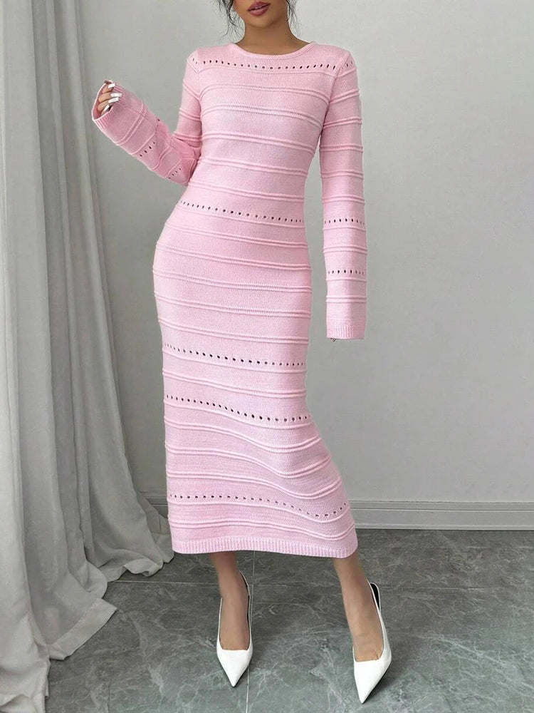 Striped Hollow Two-Wear Knitted Long Dress For Women Fashion Party Club Sweater Dress Vestido FemaleSlim Solid Outfits