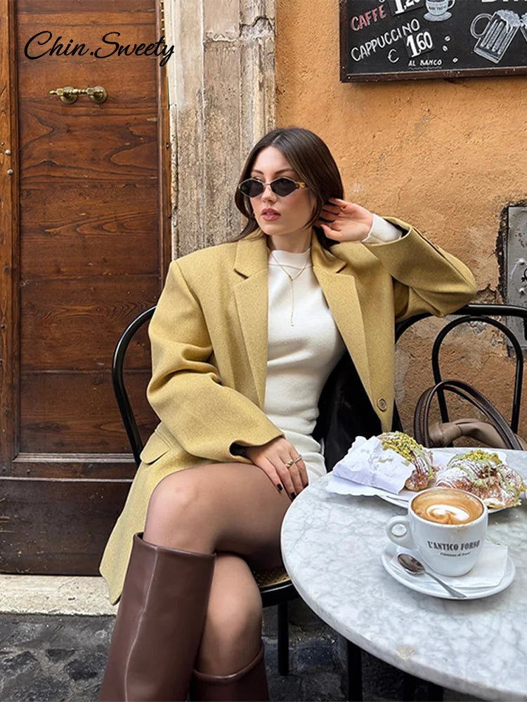 Elegante blazer amarillo para mujer, chaqueta de traje de manga larga con solapa holgada y botonadura sencilla, primavera 2025, prendas de vestir exteriores para dama de calle alta