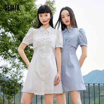 Dress Women Puff Sleeves Sweet Gentle  Summer New Temperament Solid Color Exquisite Shirt Dress