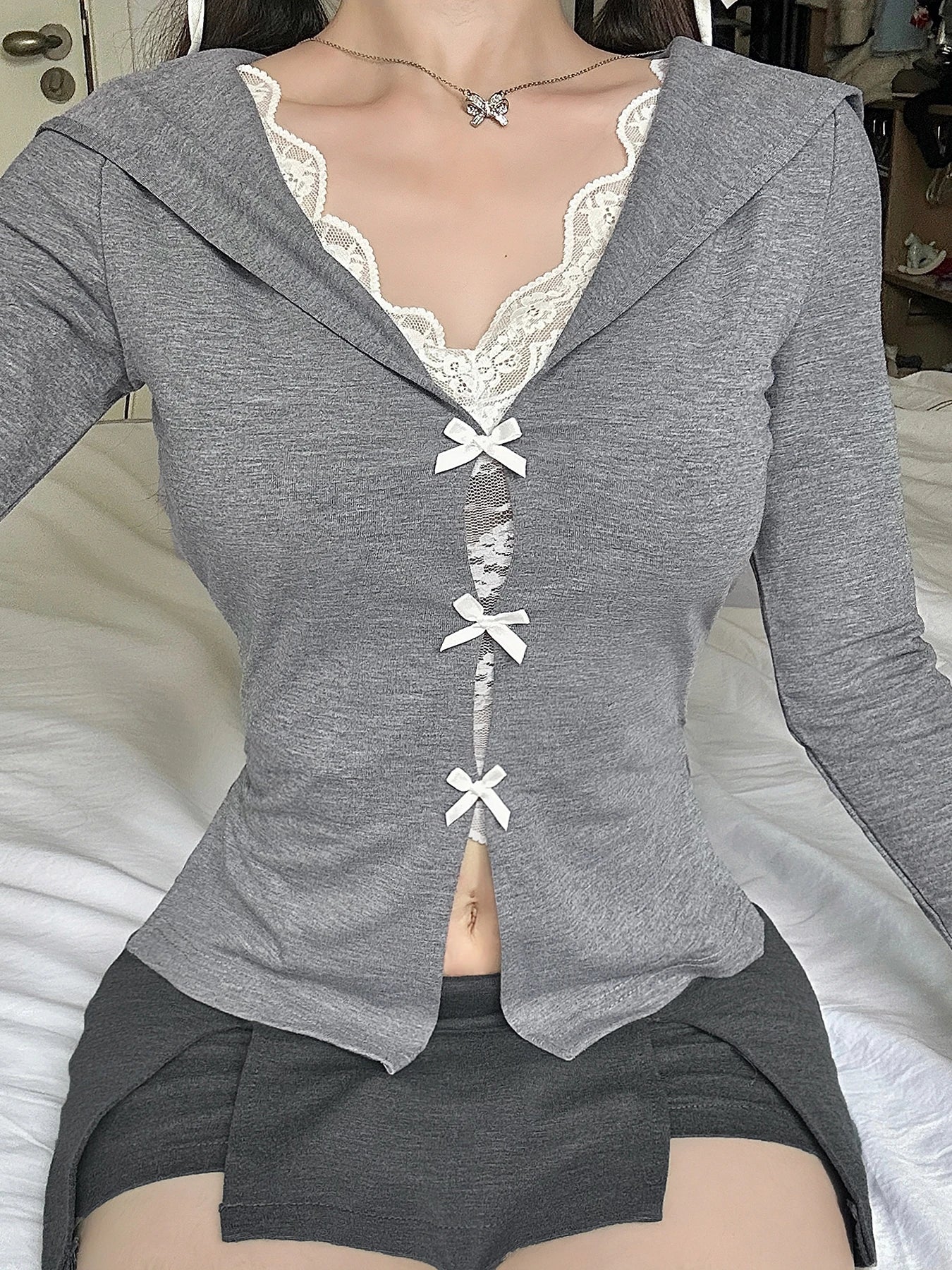 Dulce coreano Bowknot cuello marinero falso dos piezas top camisetas mujeres manga larga elegante suave cárdigan otoño moda