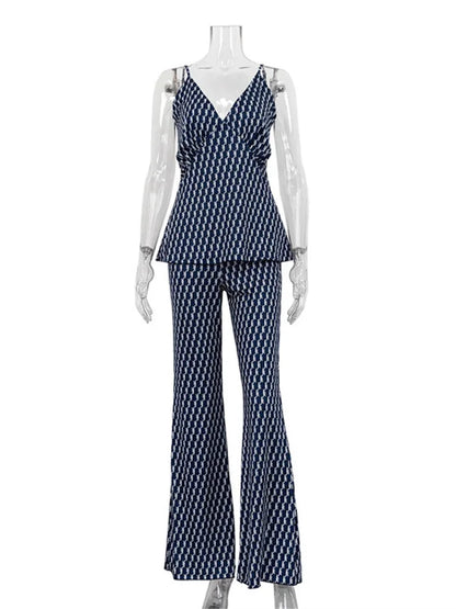 Conjunto de dos piezas con pantalones estampados de moda para mujer, jersey ajustado con cuello en V en contraste y pantalones de pierna ancha, ropa informal.