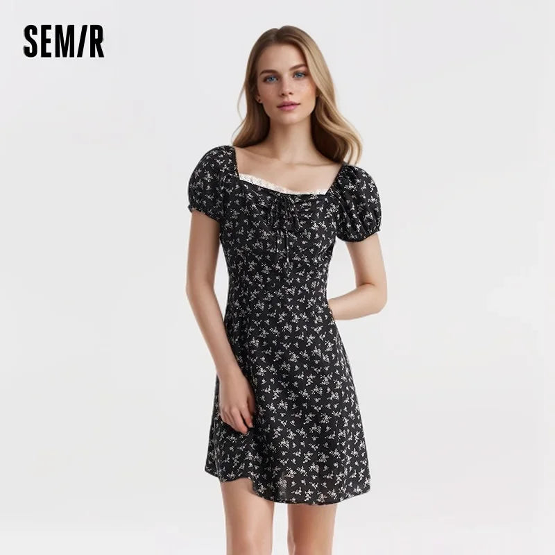 Vestido de mujer con mangas abullonadas y estampado floral de gasa Mori, nuevo vestido de verano con escote cuadrado y cintura corta, divertido