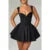 Sexy Corset Dress Women Solid Color Square Collar Sleeveless Lace Trim Hem A Line Mini Dress Evening Party Dresses
