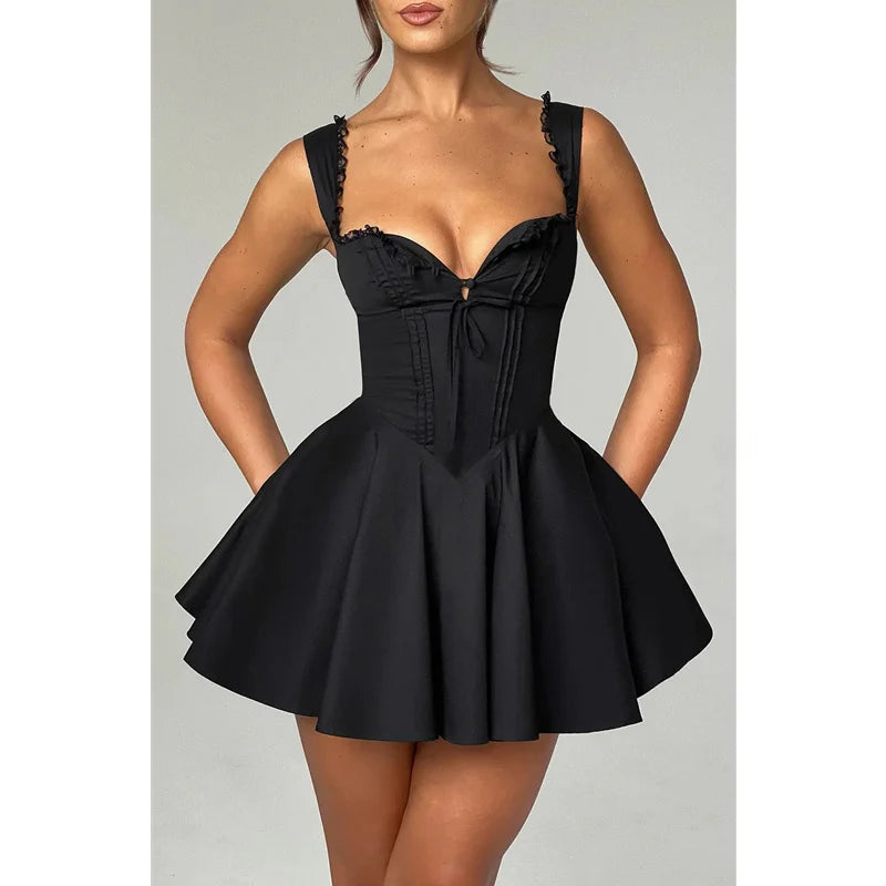 Sexy Corset Dress Women Solid Color Square Collar Sleeveless Lace Trim Hem A Line Mini Dress Evening Party Dresses