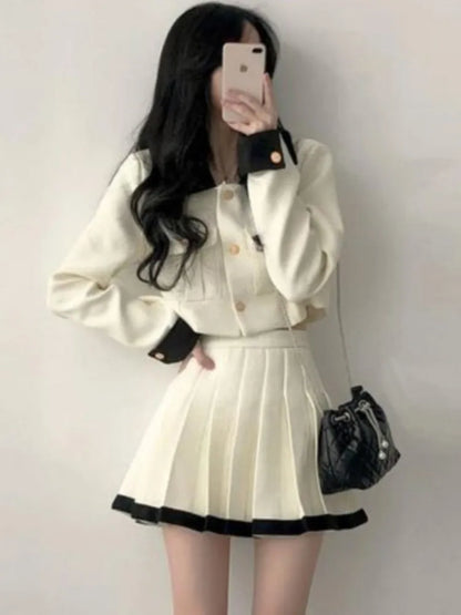 Conjuntos de falda elegante coreana de dos piezas con patchwork, mangas largas, top corto, cintura alta, minifalda plisada, otoño invierno Y2K, nuevos conjuntos