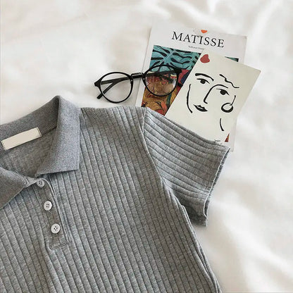 Camisa corta de cuello polo de punto para mujer, blusa básica juvenil de manga corta de color liso para verano