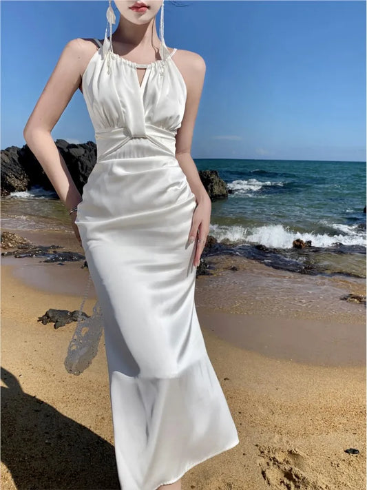 Elegante vestido ajustado de satén para mujer, vestido de fiesta de noche de sirena ajustado sin mangas con cuello halter, vestido de graduación, vestidos nuevos de verano para mujer